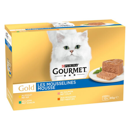 Zestaw Gourmet Gold Mus, 48 x 85 g - Zestaw mieszany mięsno-rybny (Królik, kurczak, łosoś, nerki)