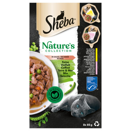 Sheba Nature's Collection w sosie, 32 x 85 g -  Kurczak i czerwona papryka, łosoś i groszek